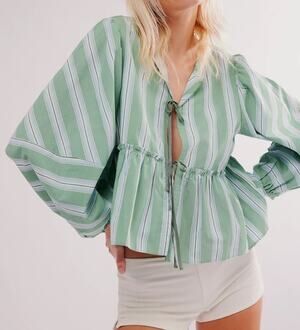 Free People Brunch Babe White Spruce Stripe Tie Front Peplum Boxy Crop Top Sz M